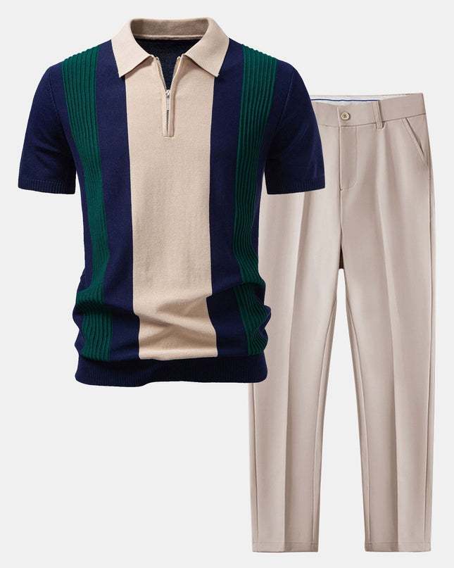 Textured Color Block Knit Polo & Slim Fit Tapered Trousers