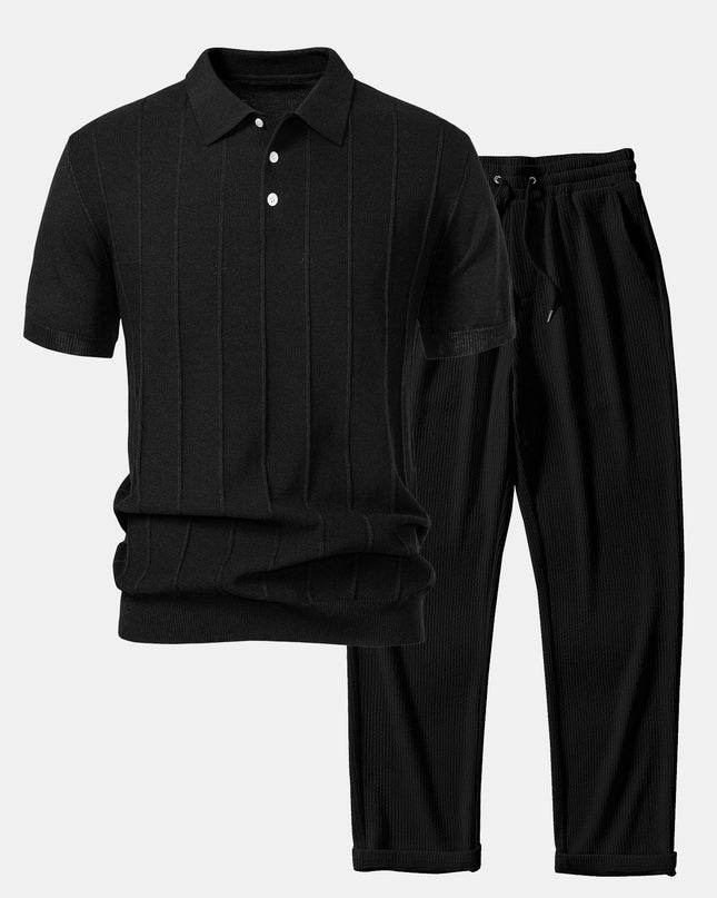 Stripe Jacquard Knit Polo Shirt & Straight Leg Ribbed Pants
