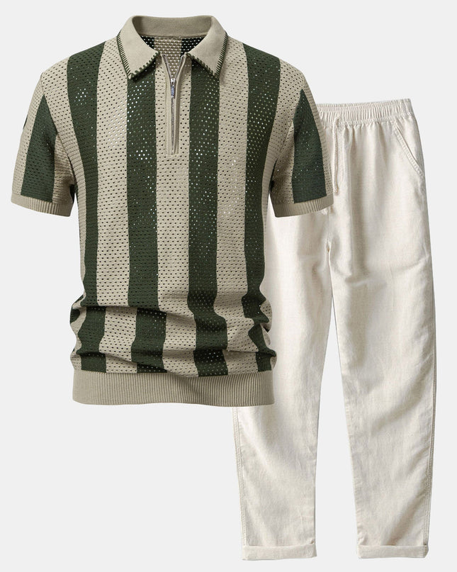 Striped Eyelet Knit Zip Up Polo Shirt & Straight Leg Linen Pants