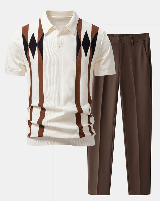 Stripe Geometric Jacquard Knitted Polo Shirt & Slim Fit Tapered Trousers