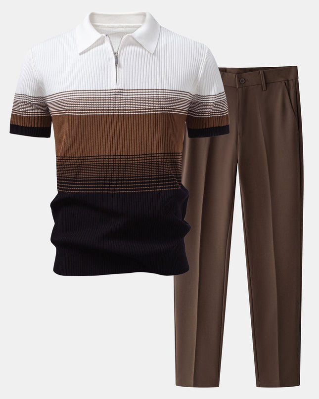Striped Gradient Knitted Polo Shirt & Slim Fit Tapered Trousers