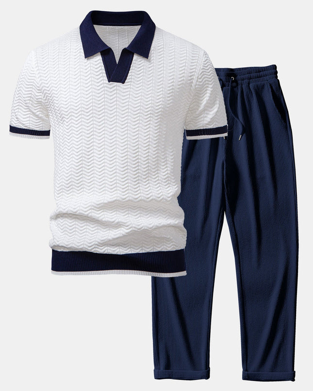 Texture Contrast Knitted V Neck Polo Shirt & Straight Leg Ribbed Pants