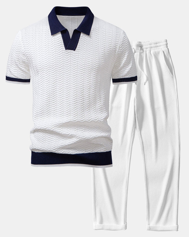 Texture Contrast Knitted V Neck Polo Shirt & Straight Leg Ribbed Pants