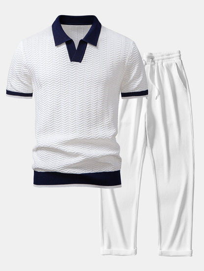 Texture Contrast Knitted V Neck Polo Shirt & Straight Leg Ribbed Pants