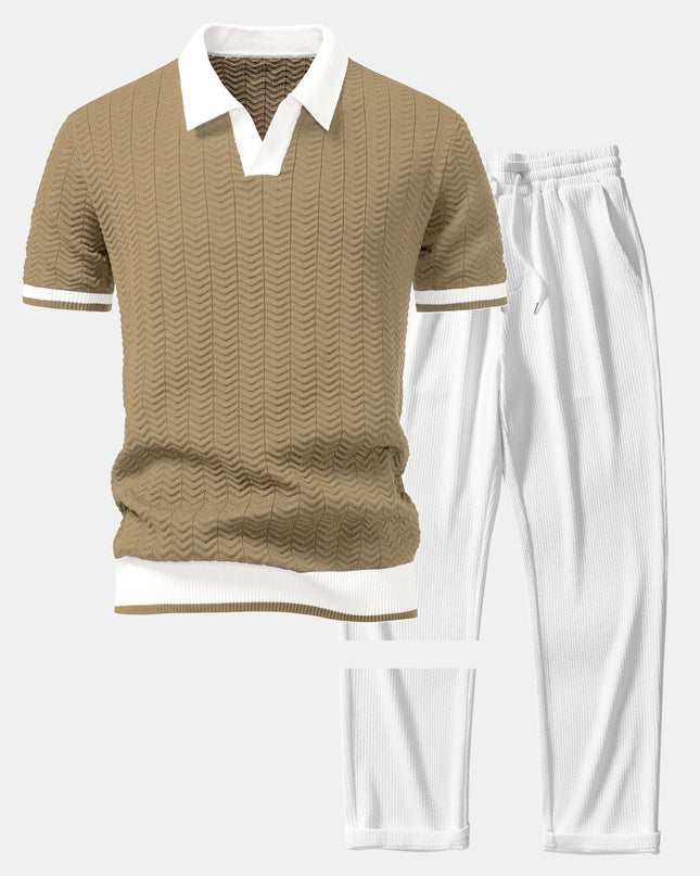Texture Contrast Knitted V Neck Polo Shirt & Straight Leg Ribbed Pants
