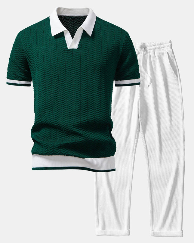Texture Contrast Knitted V Neck Polo Shirt & Straight Leg Ribbed Pants