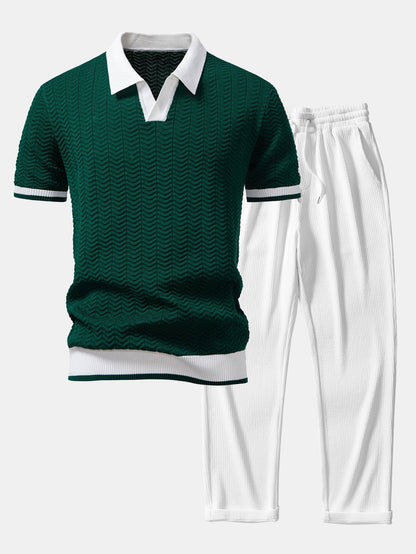 Texture Contrast Knitted V Neck Polo Shirt & Straight Leg Ribbed Pants