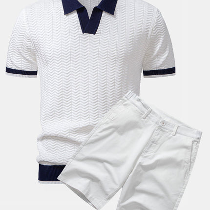 Texture Contrast Knitted V Neck Polo Shirt & Cotton Chino Shorts