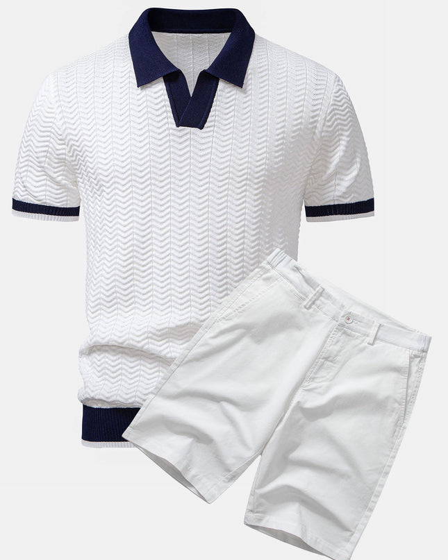 Texture Contrast Knitted V Neck Polo Shirt & Cotton Chino Shorts