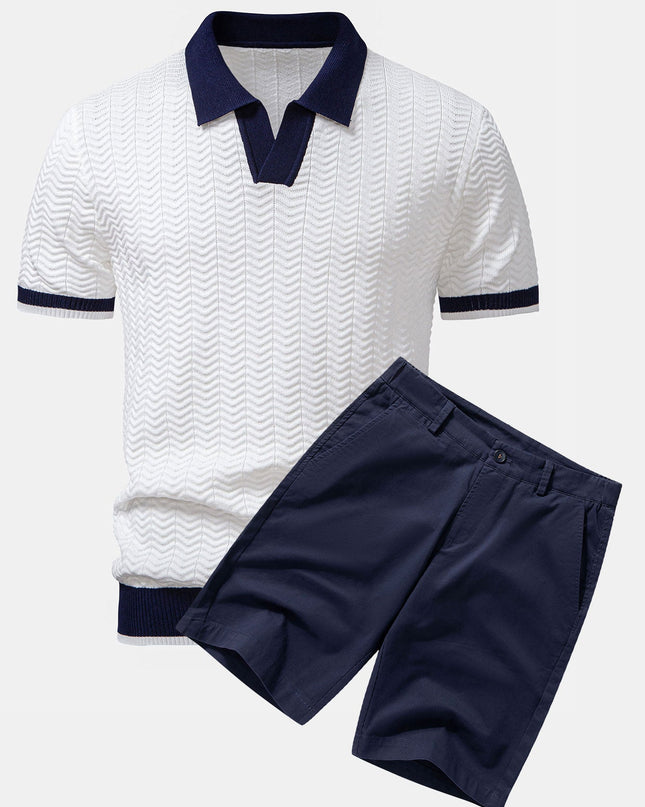 Texture Contrast Knitted V Neck Polo Shirt & Cotton Chino Shorts