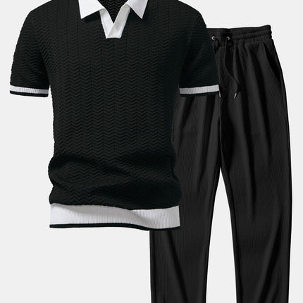Texture Contrast Knitted V Neck Polo Shirt & Straight Leg Ribbed Pants
