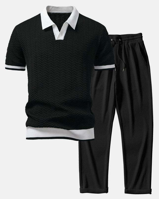Texture Contrast Knitted V Neck Polo Shirt & Straight Leg Ribbed Pants