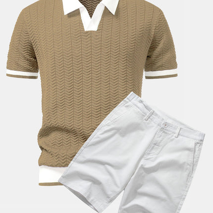 Texture Contrast Knitted V Neck Polo Shirt & Cotton Chino Shorts