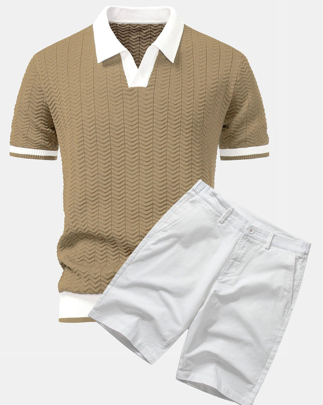 Texture Contrast Knitted V Neck Polo Shirt & Cotton Chino Shorts