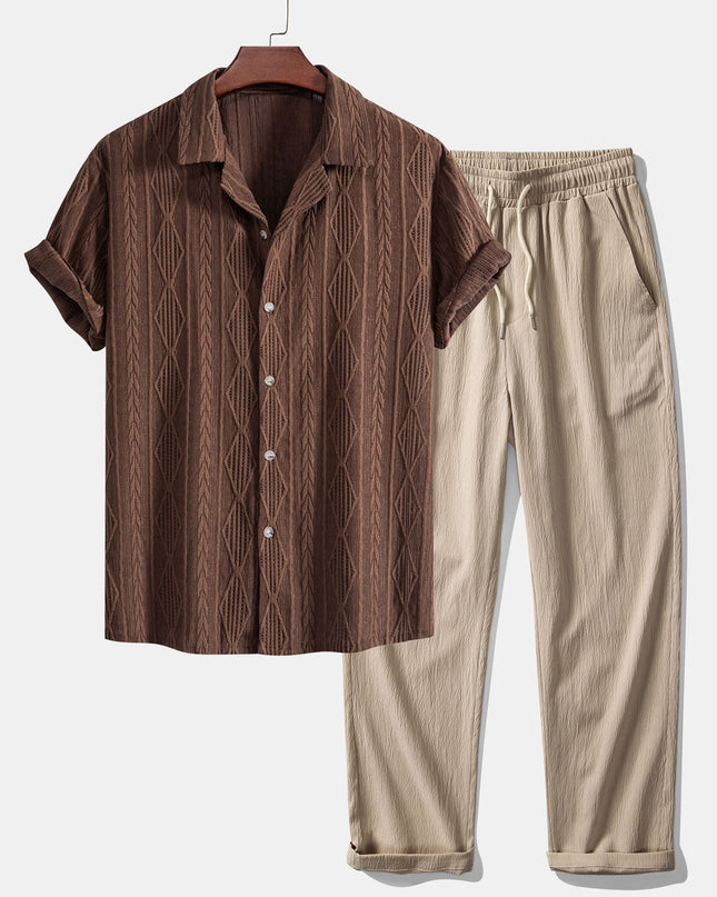 Geometric Jacquard Eyelet Cuban Shirt & Crinkle Textured Straight Leg Pants