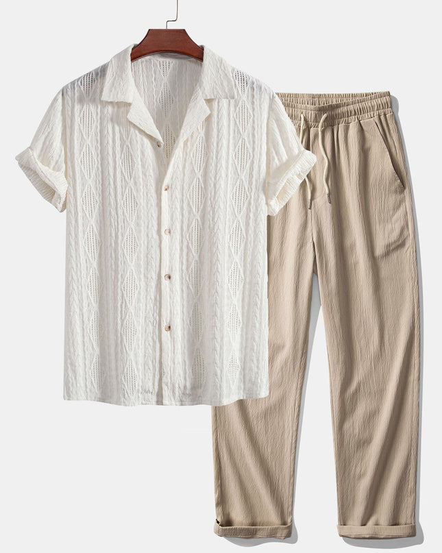 Geometric Jacquard Eyelet Cuban Shirt & Crinkle Textured Straight Leg Pants