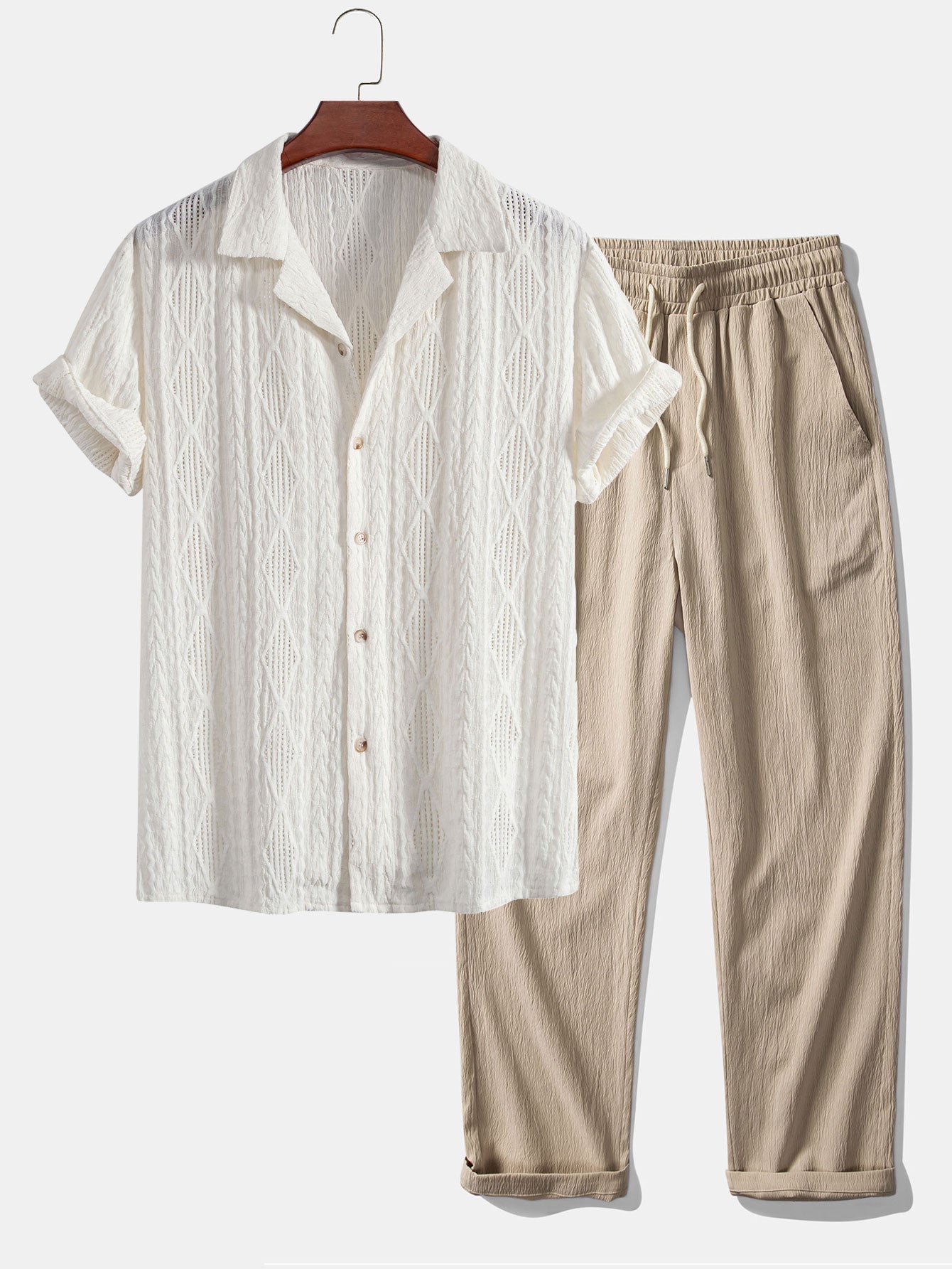 Geometric Jacquard Eyelet Cuban Shirt & Crinkle Textured Straight Leg Pants