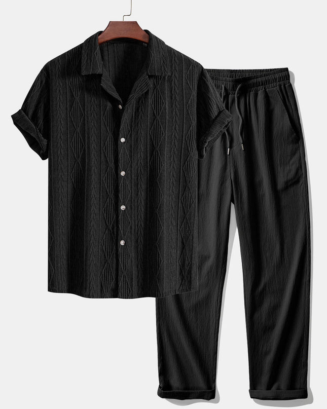 Geometric Jacquard Eyelet Cuban Shirt & Crinkle Textured Straight Leg Pants