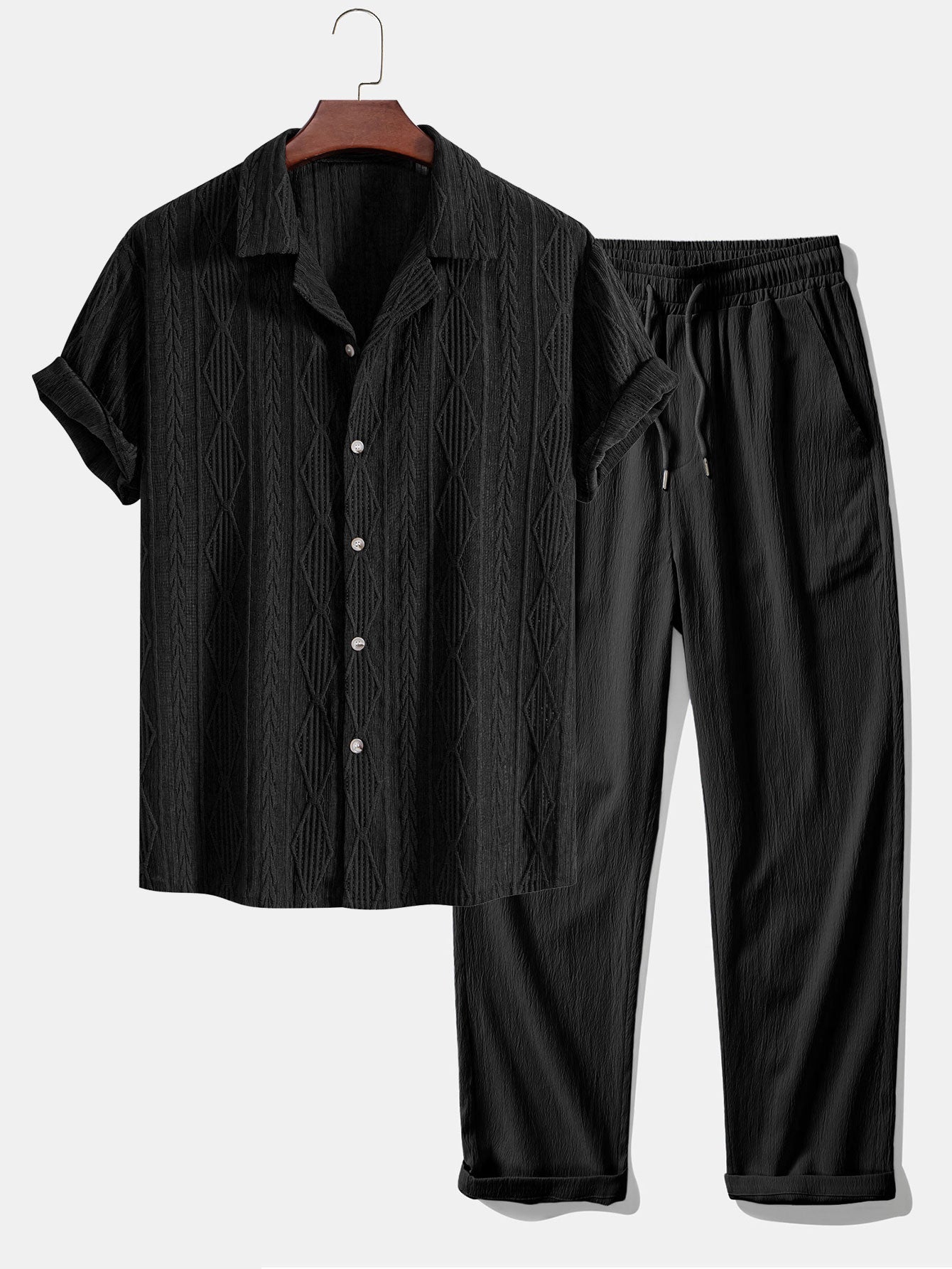 Geometric Jacquard Eyelet Cuban Shirt & Crinkle Textured Straight Leg Pants