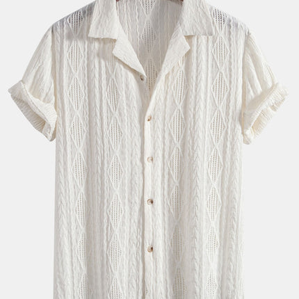 Geometric Jacquard Eyelet Cuban Shirt & Crinkle Textured Straight Leg Pants