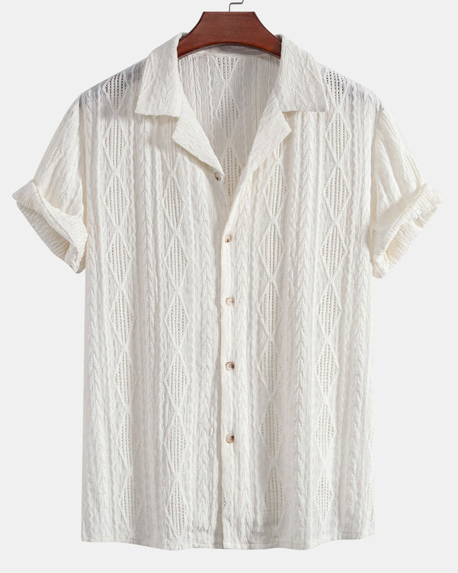 Geometric Jacquard Eyelet Cuban Shirt & Crinkle Textured Straight Leg Pants
