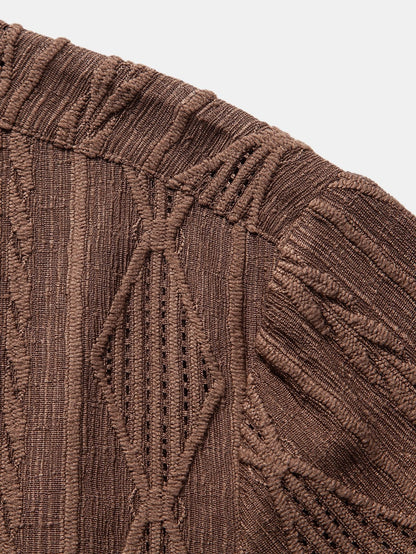 Geometric Jacquard Eyelet Cuban Shirt & Crinkle Textured Straight Leg Pants