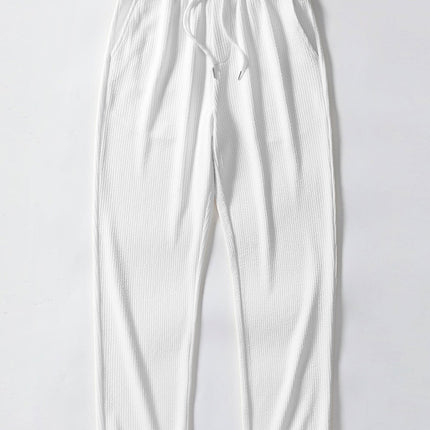 Texture Contrast Knitted V Neck Polo Shirt & Straight Leg Ribbed Pants