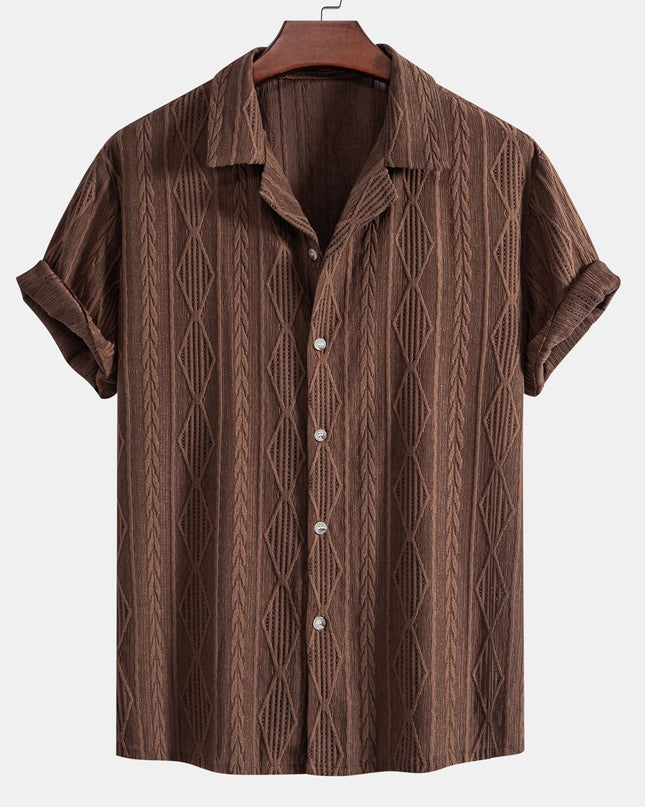 Geometric Jacquard Eyelet Cuban Shirt & Crinkle Textured Straight Leg Pants