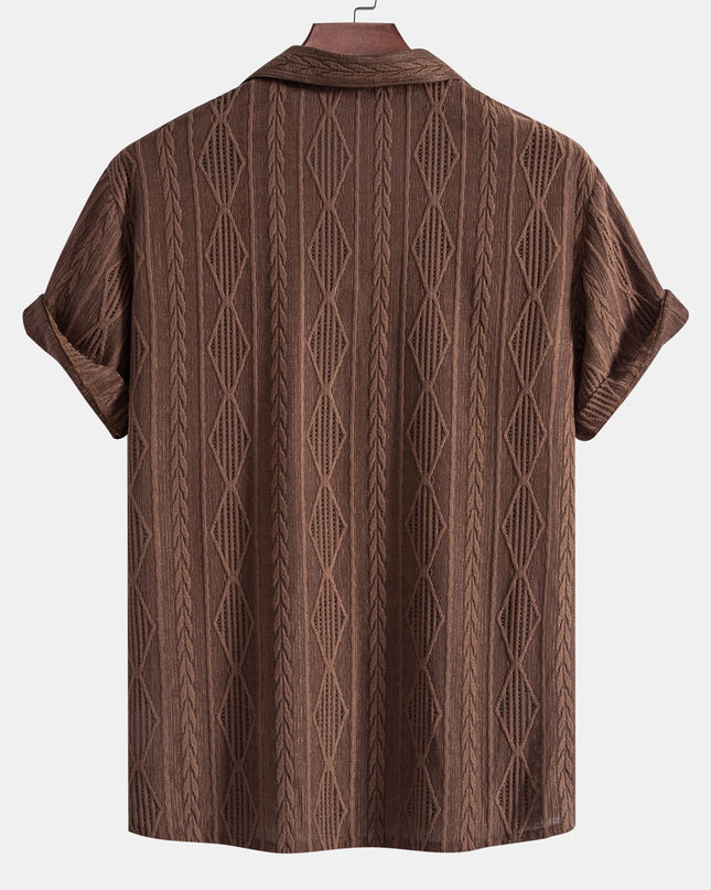 Geometric Jacquard Eyelet Cuban Shirt & Crinkle Textured Straight Leg Pants