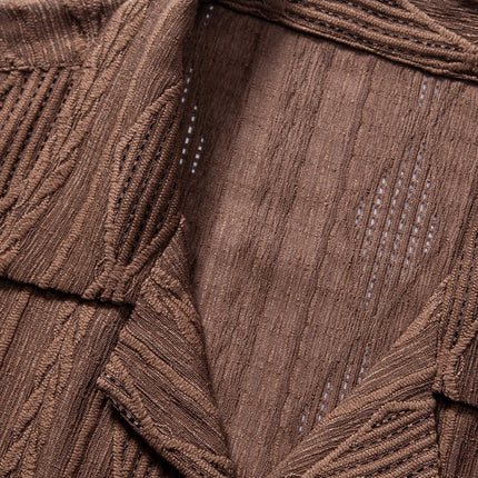 Geometric Jacquard Eyelet Cuban Shirt & Crinkle Textured Straight Leg Pants