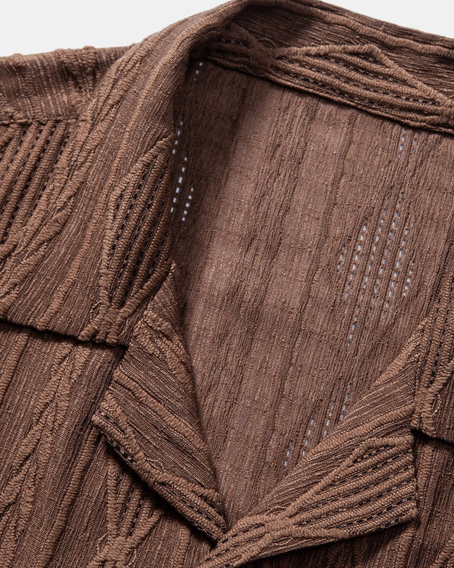 Geometric Jacquard Eyelet Cuban Shirt & Crinkle Textured Straight Leg Pants