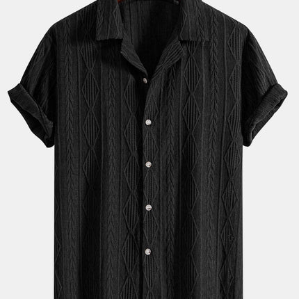 Geometric Jacquard Eyelet Cuban Shirt & Crinkle Textured Straight Leg Pants