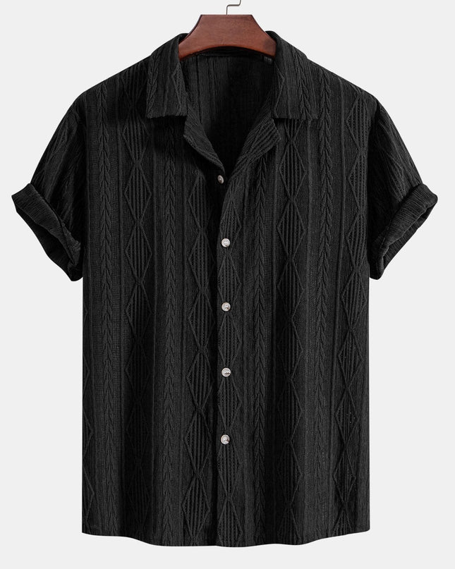 Geometric Jacquard Eyelet Cuban Shirt & Crinkle Textured Straight Leg Pants