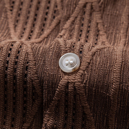Geometric Jacquard Eyelet Cuban Shirt & Crinkle Textured Straight Leg Pants