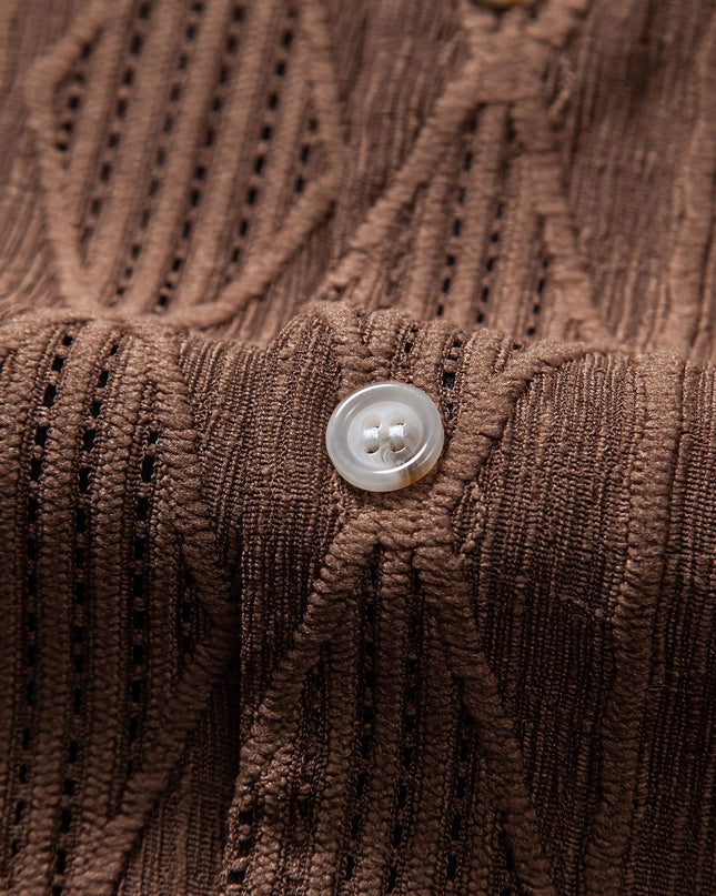 Geometric Jacquard Eyelet Cuban Shirt & Crinkle Textured Straight Leg Pants