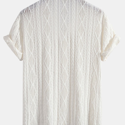 Geometric Jacquard Eyelet Cuban Shirt & Crinkle Textured Straight Leg Pants