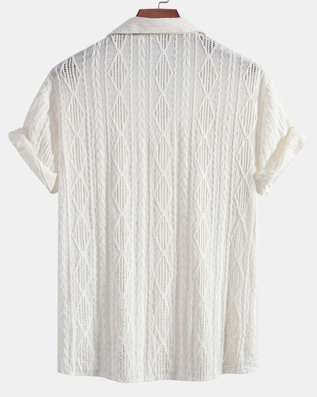 Geometric Jacquard Eyelet Cuban Shirt & Crinkle Textured Straight Leg Pants